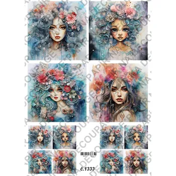 Umělecký papír Rýžový a soft papír na decoupage - Žena s květy - KB01333 Materiál: Soft, Rozměr: A4