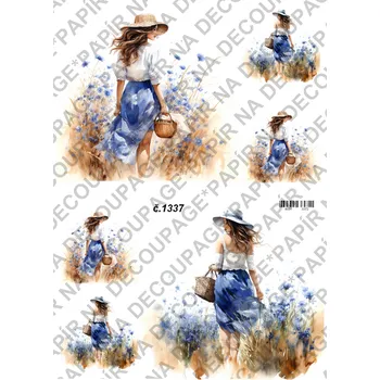 Umělecký papír Rýžový a soft papír na decoupage - Žena v chrpách - KB01337 Materiál: Soft, Rozměr: A4