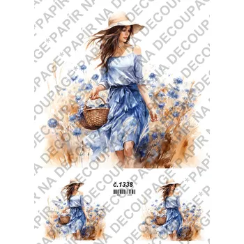 Umělecký papír Rýžový a soft papír na decoupage - Žena v chrpách - KB01338 Materiál: Soft, Rozměr: A4