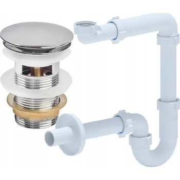 Sifon Sifon k umyvadlovému dřezu bílý s přepadem + zátka do dřezu klik klak stříbrná