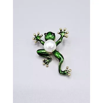 Brož Zelená žába žabička s perlou - brož