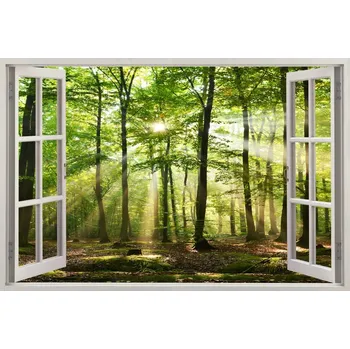 Fototapeta Dekorativní samolepka na zeď do obýváku OKNO zelený les slunce stromy 90x60