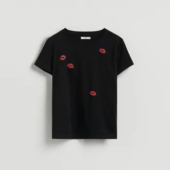 Dámské tričko Reserved - Bavlněné tričko s potiskem - černý - WU154-99X - WU154-99X-L