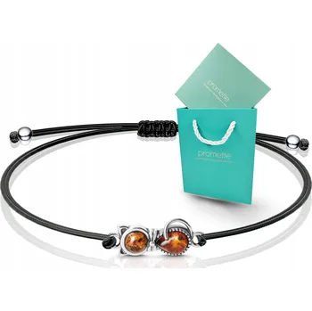 Náramek Stříbrný náramek s jantarem, šňůrkový, ryzost 925 - roztomilá kočička