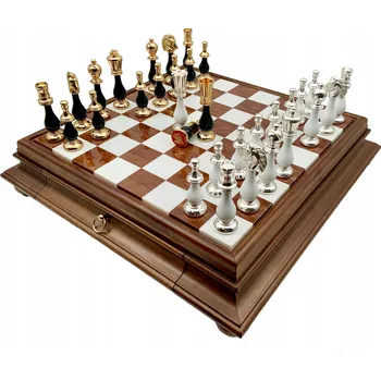 Šachy ITALSKÁ SADA ŠACHOVÝCH FIGUREK ZLATO/STŘÍBRO + MRAMOROVÁ ŠACHOVNICE