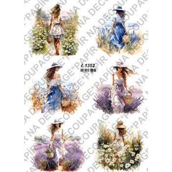 Umělecký papír Rýžový a soft papír na decoupage - Žena v levanduli, chrpách, v kopretinách - KB01352 Materiál: Soft, Rozměr: A4