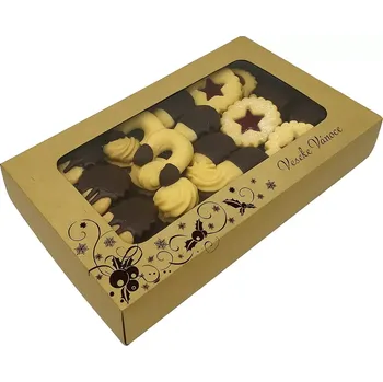 Dárková krabička Vánoční krabička kraftová s hnědou ražbou a nepromastitelným dnem na 1/2 kg cukroví 25x1515x3,7 cm (S nepromastitelným dnem)