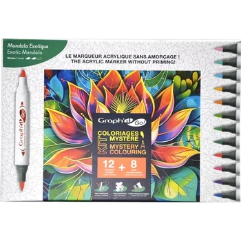 Akrylové fixy GRAPH'IT oboustranné Brush & Fine, 12ks + 8ks šablon Exotic Mandala