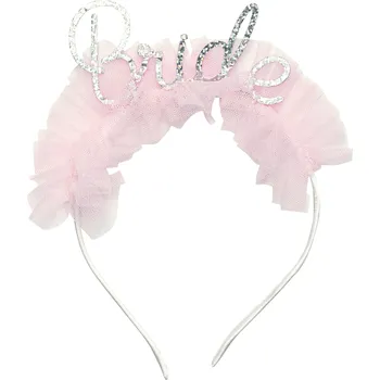 Svatební čelenka Bride s růžovým volánkem a třpytivým nápisem