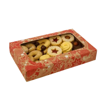 Dárková krabička Vánoční krabička kraftová s hnědou ražbou s průhledným okénkem na 1/2 kg cukroví 25x1515x3,7 cm (s běžným dnem)