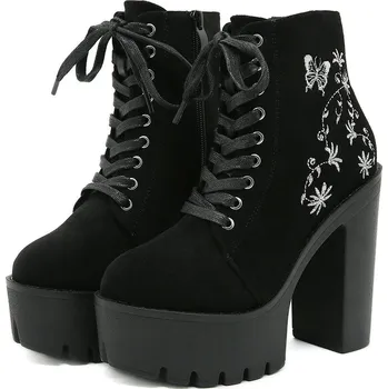 Dámské kozačky kotníkové boty s květinovou výšivkou a platformou Barva: Černá, Velikost: 41