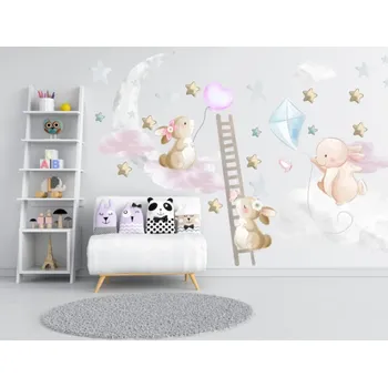 Samolepící dekorace Samolepka na zeď Králíčci, mráčky, hvězdičky a žebřík - M