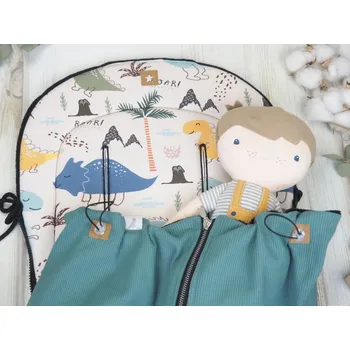 SET Podložka prodloužená (Dinosaurus, černý fleece) + vaflová deka (deep sea green, černý fleece)