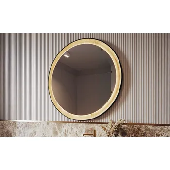 Zrcadlo Černé kulaté LED zrcadlo v dřevěném rámu