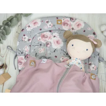 SET Podložka prodloužená (Roses on grey, šedý fleece) + vaflová deka (old pink, šedý fleece)