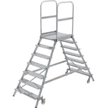 Hliníkový pojízdný žebřík s plošinou, otočná kolečka, 7 příčlí, velikost plošiny 600 x 800 mm