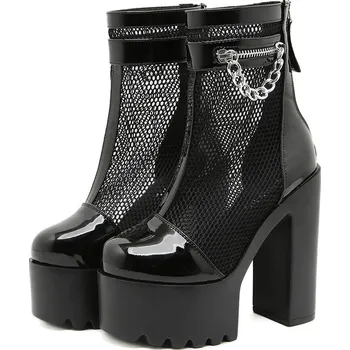 Dámské kozačky krátké boty na podpatku se síťovinou a zadním zipem Barva: Černá, Velikost: 35