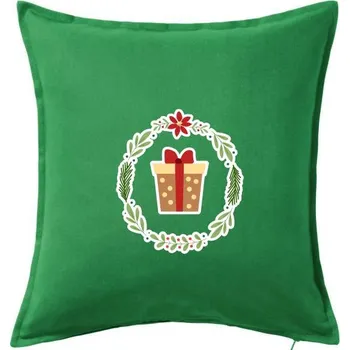 Polštář Vánoční věnec s dárkem - Polštář 50x50 - 50x50 - Včetně výplně ( Středně zelená )