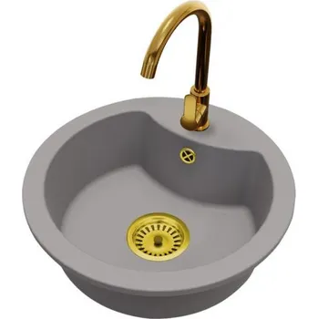 Granitový dřez Granitový dřez MILA šedý + baterie DECO zlatá + zlatý sifon 49 x 49 x 17 cm
