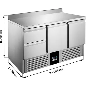 Lednice G.Gastro Saladette / Chladicí stůl na pizzu PREMIUM - 1,37 x 0,7 m - se 2 dveřmi, 2 šuplíky & obkladovým panelem