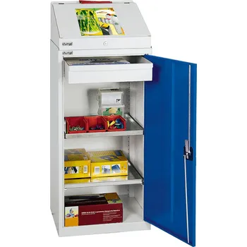 Dílenský stůl Dílenský pult se skříňkou pro práci ve stoje, zásuvka a 2 police, šedo-modrý, šířka 500 mm