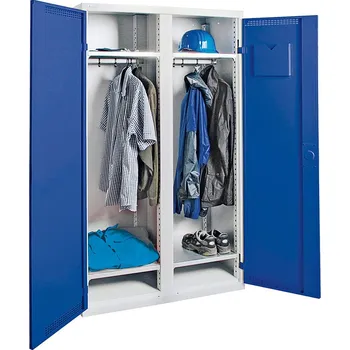 Šatní skříň Šatní skříň Esta, 4 police, dělící příčka, světle šedá, dveře enciánově modré, š 1000 mm, v 1800 mm