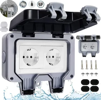 Elektrická zásuvka Dvojitá vodotěsná zásuvka šedá IP66 s uzemněním
