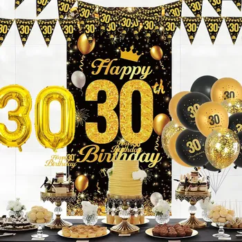 Balónek Sada dekorací pro 30. narozeniny, černo-zlatá: Balónky, konfety, banner