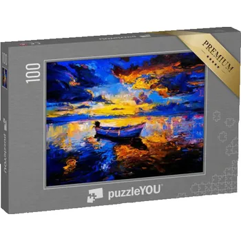 Puzzle puzzle 100 dílků „Obloha, západ slunce a loďka, olejomalba“