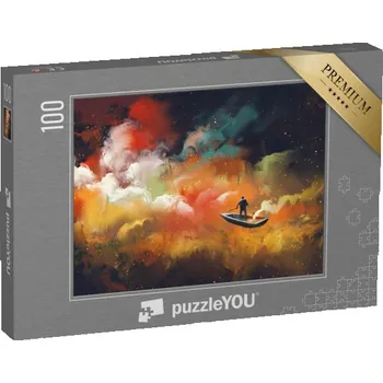 Puzzle puzzle 100 dílků „Muž na lodi ve vesmíru s barevným mrakem, ilustrace“