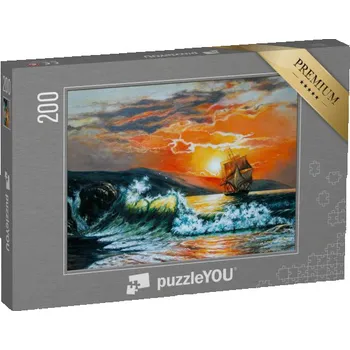 Puzzle puzzle 200 dílků „Západ slunce u moře, Plachetnice s vlnami, olejomalba“