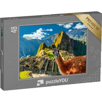 Puzzle puzzle 48 dílků „Lama stojící na vyhlídce Machu Picchu v Peru“