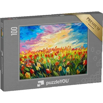 Puzzle puzzle 100 dílků „Olejomalba, tulipány před krásným východem slunce“