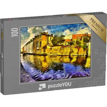 Puzzle puzzle 100 dílků „Bruggy, kanál a budovy, olejomalba“