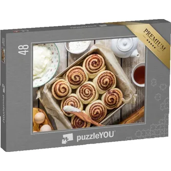 Puzzle puzzle 48 dílků „Skořicové buchtičky s kořením a kakaovou náplní na pečícím papíře“