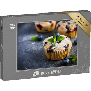 Puzzle puzzle 48 dílků „Borůvkové muffiny s moučkovým cukrem a čerstvými bobulemi“