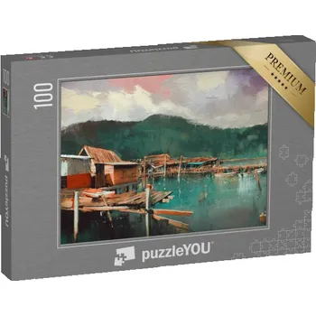 Puzzle puzzle 100 dílků „Mořská krajina se starou rybářskou vesnicí, ilustrace“