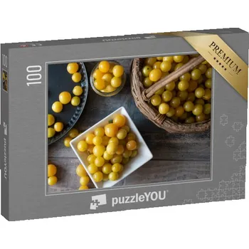 Puzzle puzzle 100 dílků „Žluté bio švestky, mirabelle švestky trhané, plný koš“