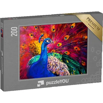 Puzzle puzzle 200 dílků „Pestrobarevný páv, olejomalba“