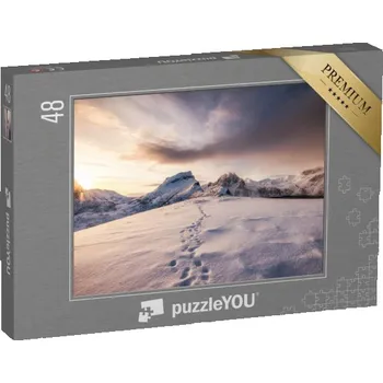 Puzzle puzzle 48 dílků „Stopy ve sněhu při východu slunce v horách“