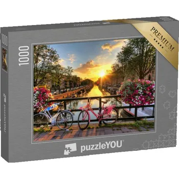 Puzzle puzzle „Východ slunce nad Amsterdamem s květinami a koly, Holandsko“