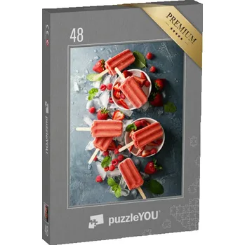 Puzzle puzzle 48 dílků „Jahodová a malinová zmrzlina na špejli v bílých miskách“