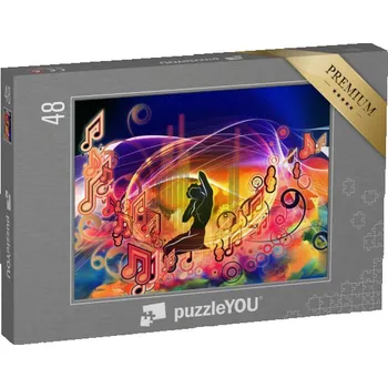 Puzzle puzzle 48 dílků „Design pozadí se siluetou dívky, noty“