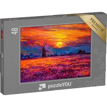 Puzzle puzzle 48 dílků „Olejomalba mlýna při západu slunce“