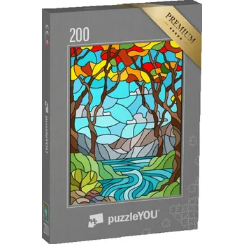 Puzzle puzzle 200 dílků „Digitální malba na skle, podzimní horské jezero“
