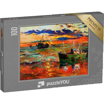 Puzzle puzzle 100 dílků „Rybářské lodě a moře, olejomalba“