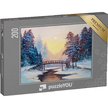 Puzzle puzzle 200 dílků „Zimní krajina s řekou, originální olejomalba“