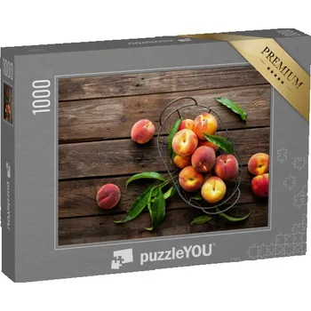 Puzzle puzzle „Čerstvé broskve v pěkném drátěném košíku“