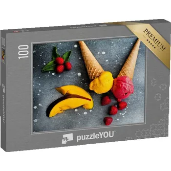 Puzzle puzzle 100 dílků „Ovocná zmrzlina ve vaflích, mango a maliny“