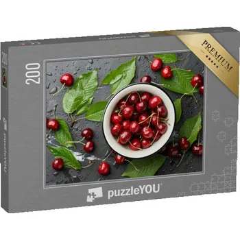 Puzzle puzzle 200 dílků „Orosený fresh, lahodné sladké třešně v misce“